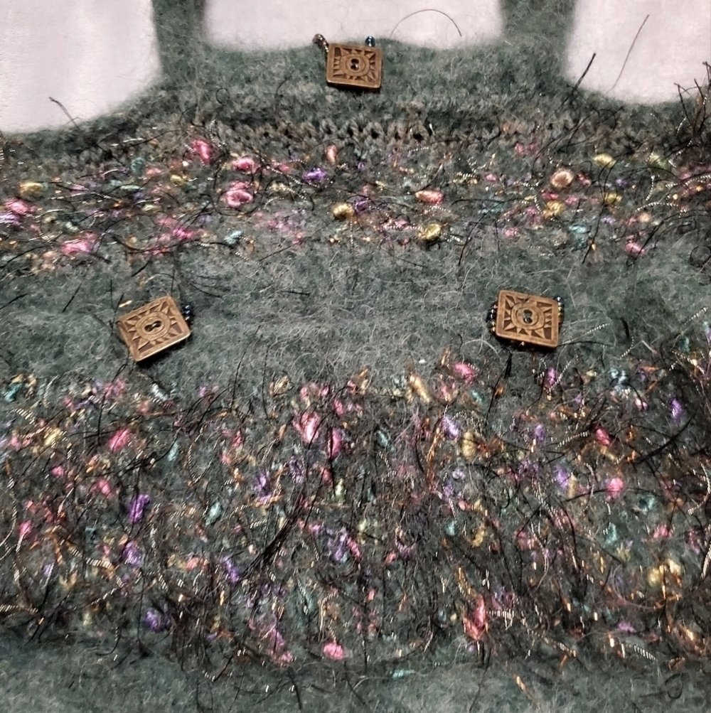 One of a Kind Unique Boiled Wool Blend Felted Fringe Teal Beaded Purse - Picture 4 of 7